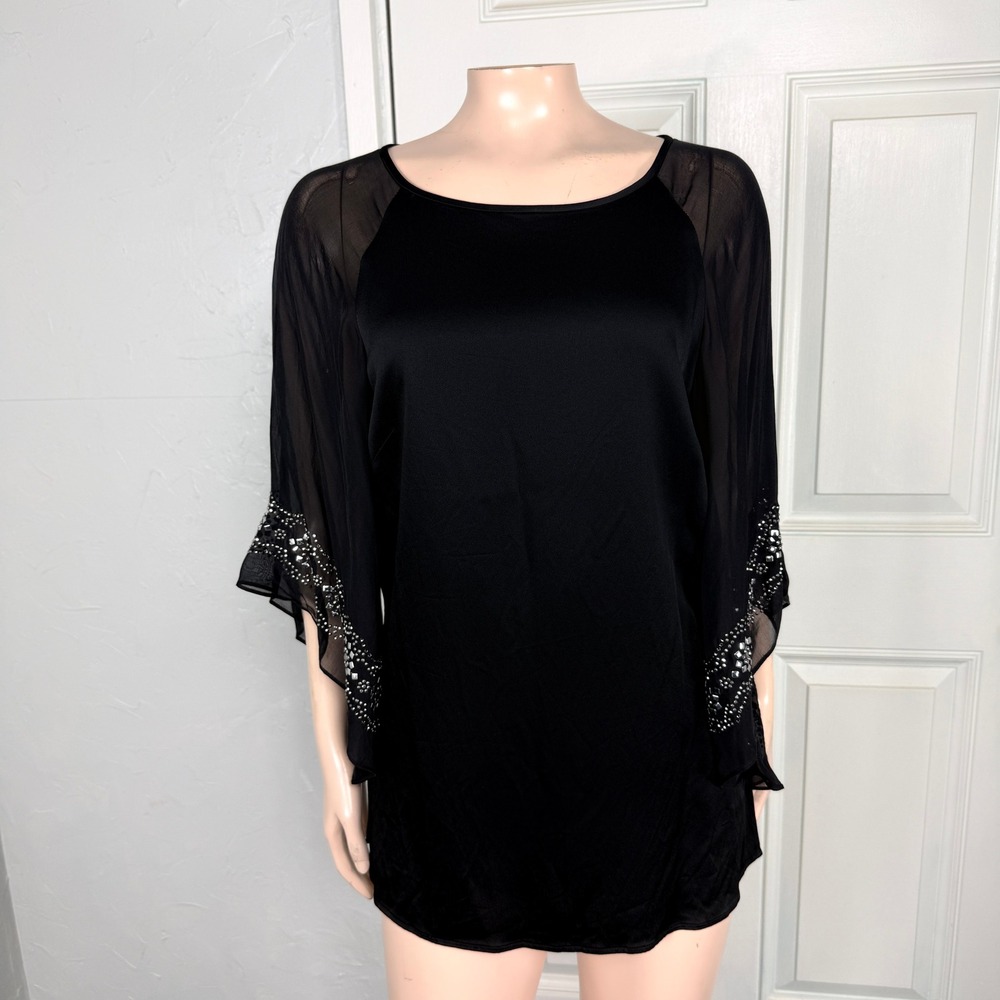 St John Women's Top Small Satin Shirt Sheer Blouse Top Silk Beaded Sequin C4-24 - Picture 1 of 10